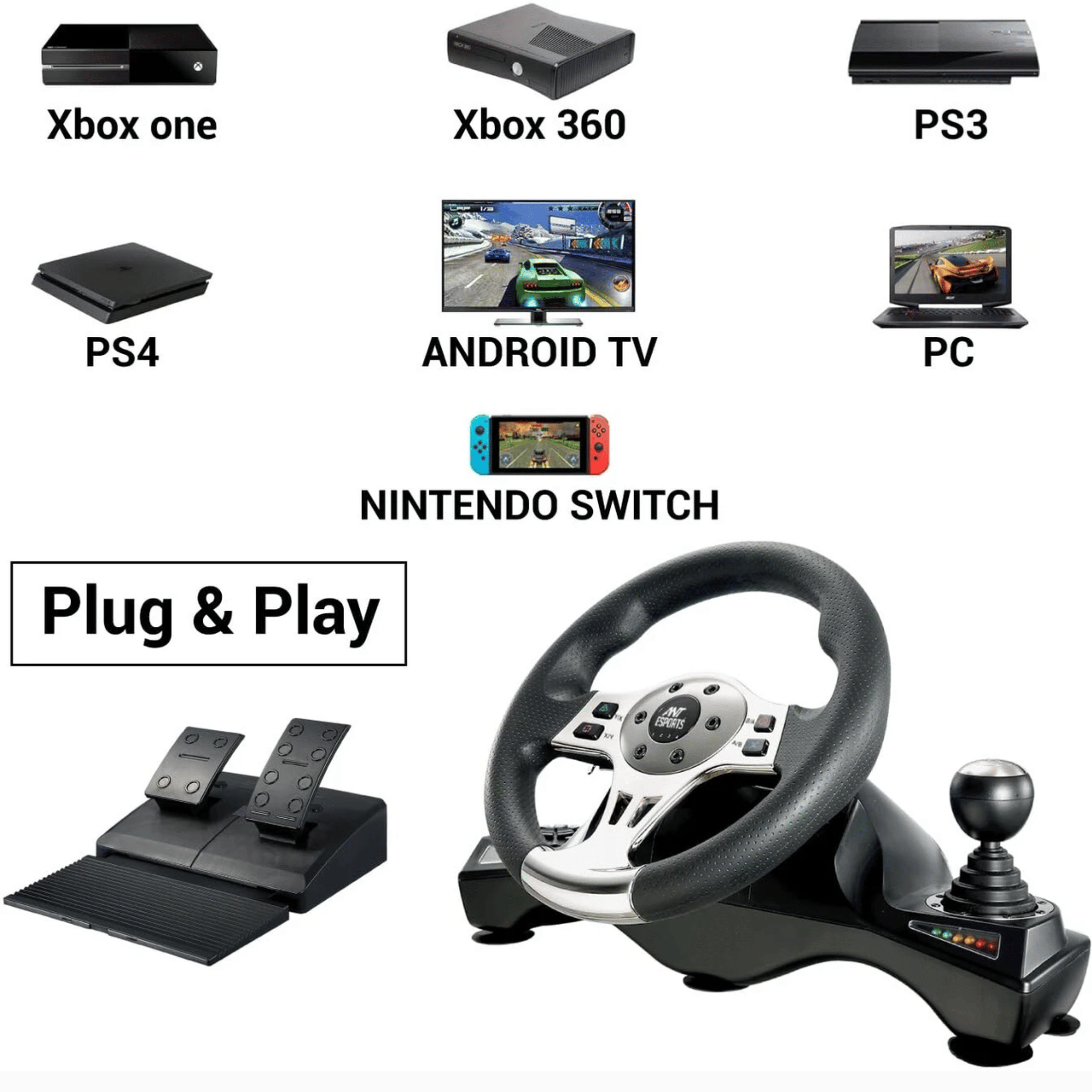 Ant Esports GW190 Racing Steering Wheel Motion Controller - Refurbished Superb - Black - 2024 - PS4)- Refurbished_All_Others_123759