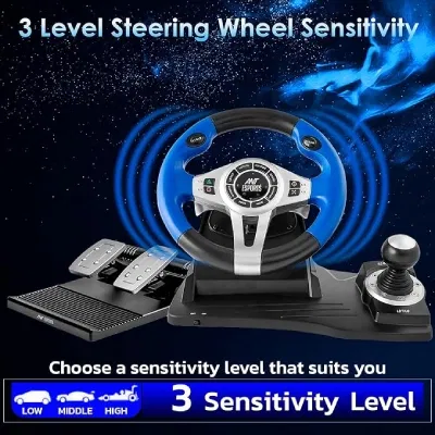 Ant Esports GW185 Racing Wheel 270 Degree Universal USB Powered Car Sim Game Steering Wheel - Refurbished Superb - Black Blue - 2024 - PS4)- Refurbished_Black Blue_Right Side_124816