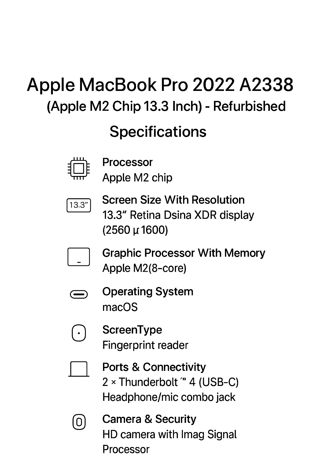 Apple MacBook Pro 2022 A2338 (Apple M2 chip 13.3 Inch)- Refurbished_All_Others_64521