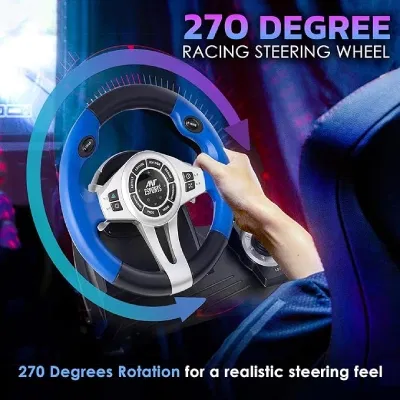 Ant Esports GW185 Racing Wheel 270 Degree Universal USB Powered Car Sim Game Steering Wheel - Refurbished Superb - Black Blue - 2024 - PS4)- Refurbished_Black Blue_Left Side_124815