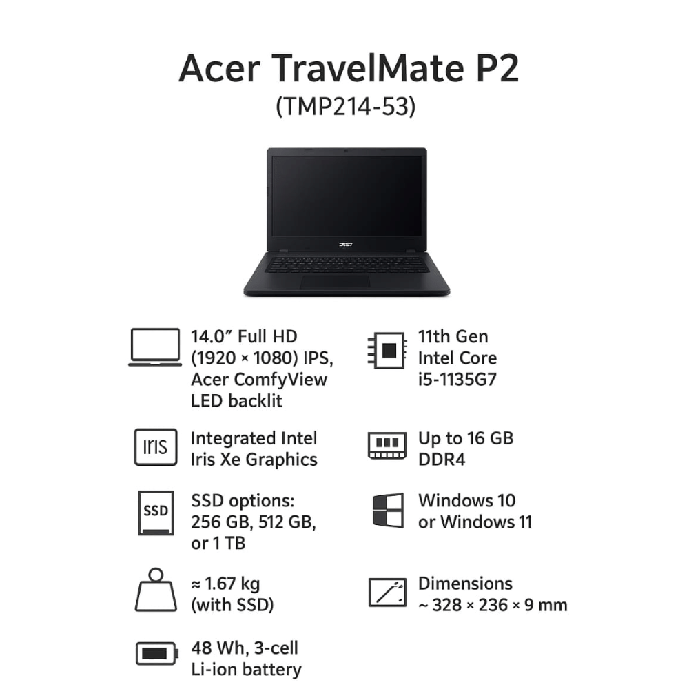 Acer TravelMate P2 Series p214-53 (Intel Core i5 11th Gen 14 Inch)- Refurbished_Black_Back_64879